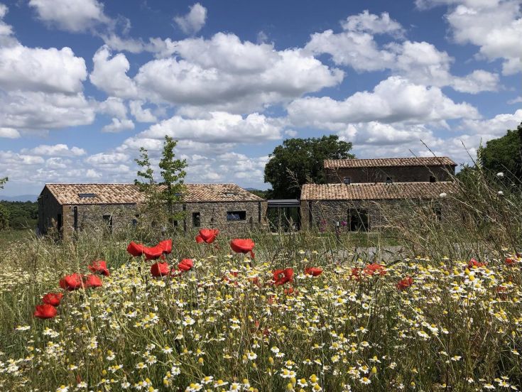 Un agriturismo situato tra colline verdi, con un giardino fiorito e un'atmosfera serena. L'edificio ha un aspetto rustico e accogliente.