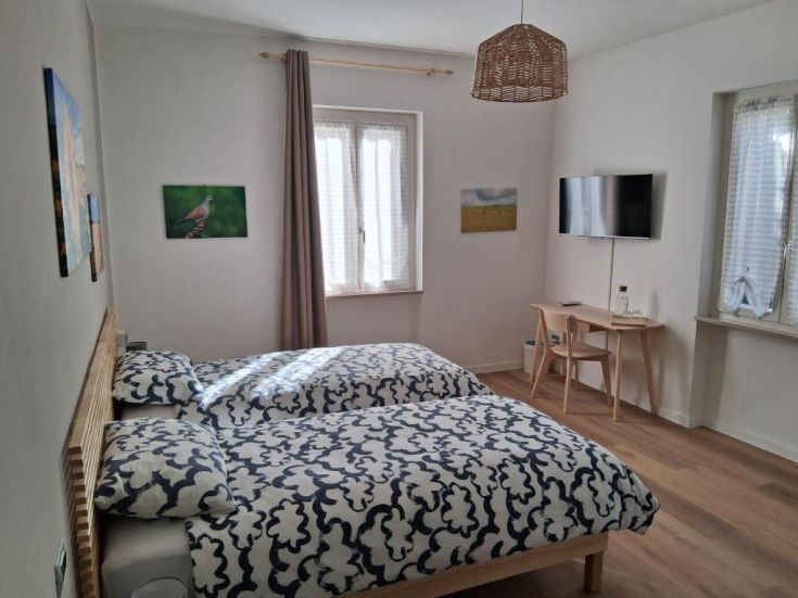 Spacious room with single beds, TV, air conditioning, and simple decorations.