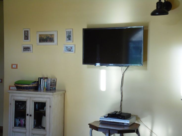 Un salon coloré et confortable avec une télévision et des décorations simples.