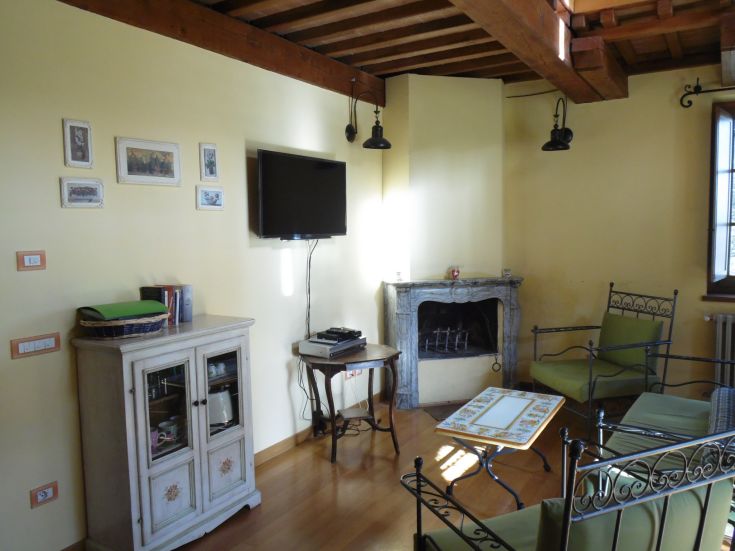 Une salle confortable avec des meubles rustiques, équipée d'une télévision moderne, d'une cheminée et de grandes fenêtres.