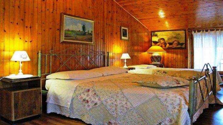 Chambre accueillante avec des murs en bois et des lits confortables.