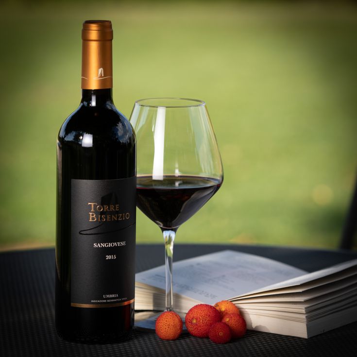 Un vin Sangiovese de 2015 servi dans un verre à côté d'un livre dans un environnement calme.