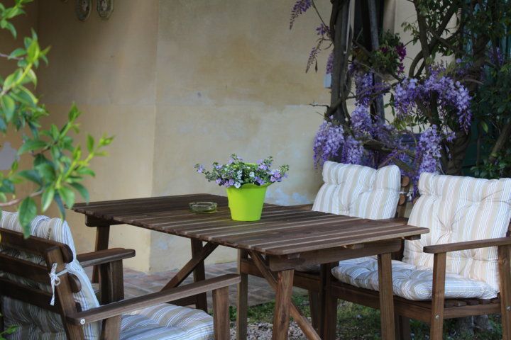 Un espace extérieur pour se détendre, entouré de plantes et de fleurs colorées.