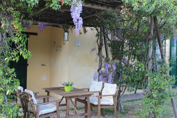 Une pergola décorée de fleurs entoure un espace extérieur avec une table et des chaises, idéal pour se détendre.