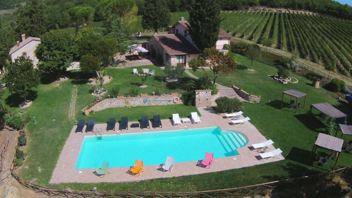 Piscine dans un gîte rural entourée de verdure, avec des vignobles et des oliveraies, idéale pour se détendre.