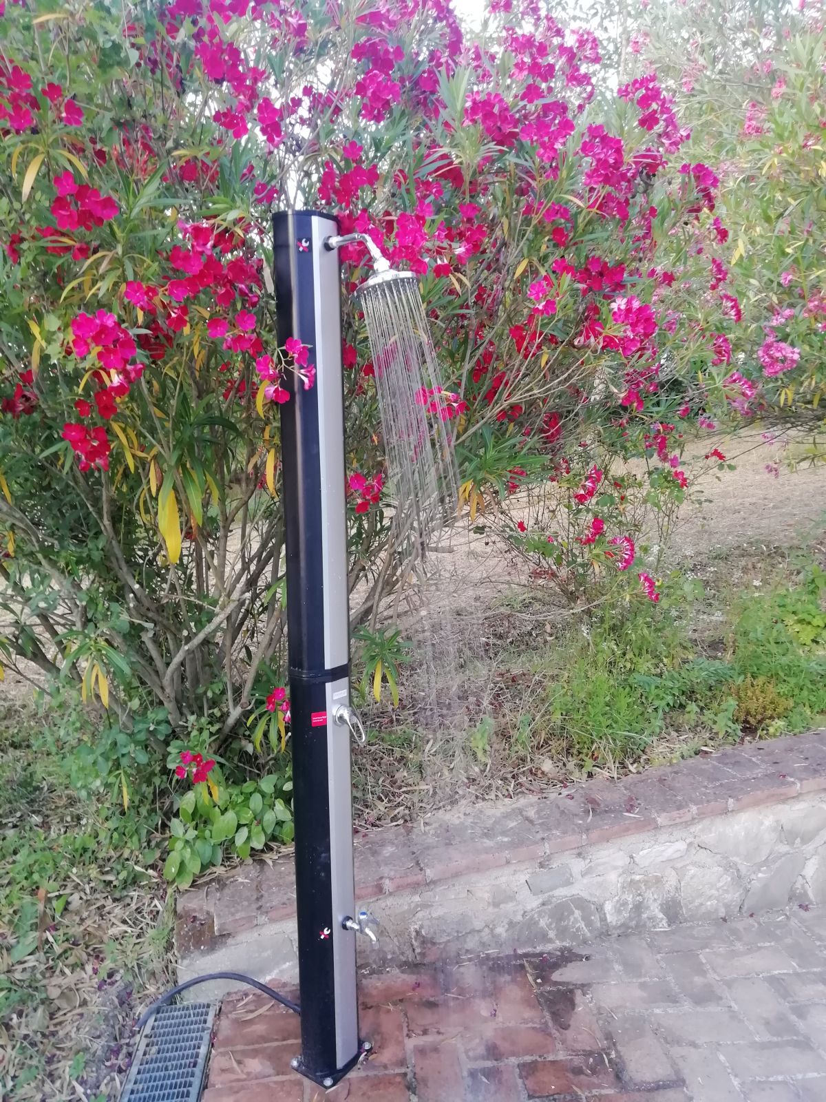 Douche extérieure dans un jardin avec des fleurs colorées, idéale pour une fraîcheur estivale.