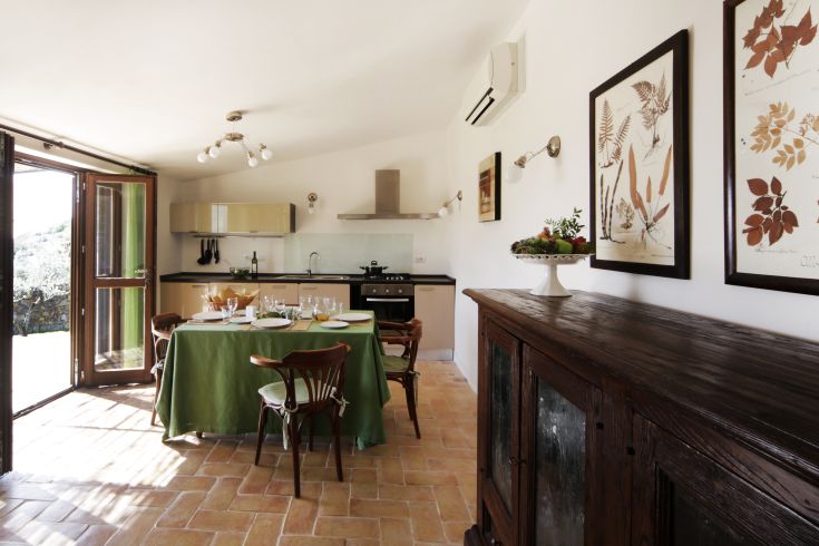 Cucina moderna, spaziosa e ben arredata, immersa in un contesto verde e luminoso.