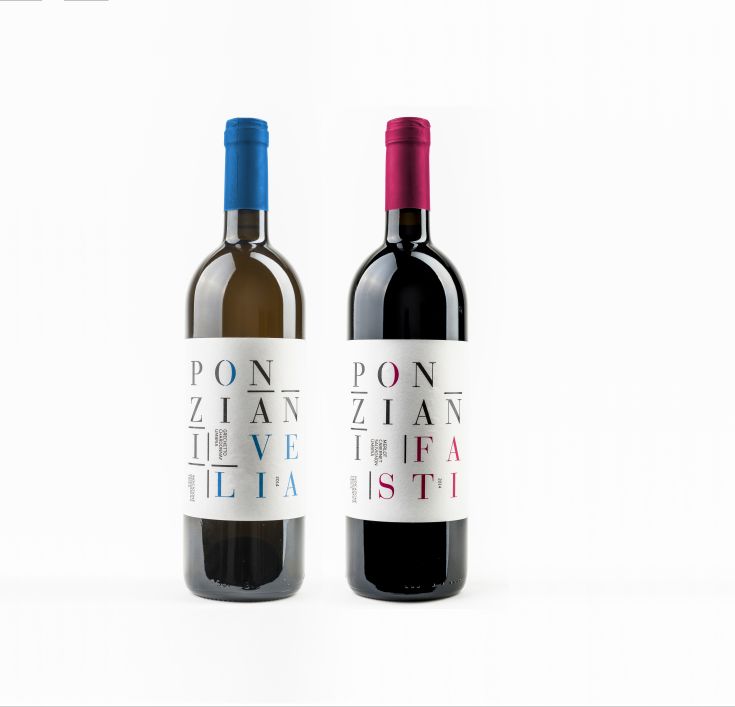 Due bottiglie di vino con etichette curate, una bianca e una rossa, presentate in un packaging semplice.