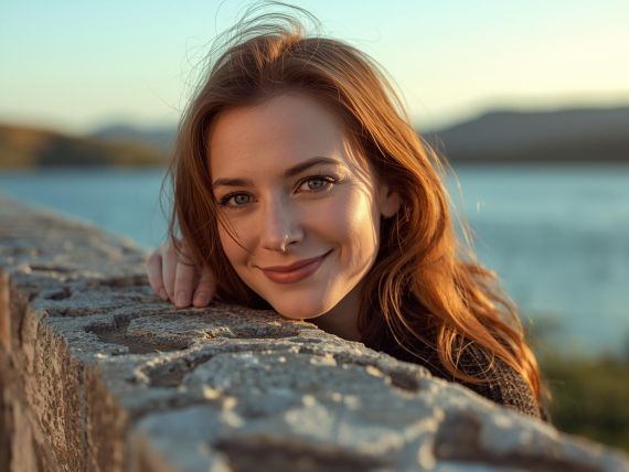 Smiling woman on a stone balcony overlooking a lake