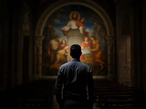 Traveler admiring Perugino’s frescoes in Città della Pieve.