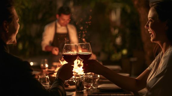 Guests clinking wine glasses during a night dinner lit by the warm glow of a traditional grill.