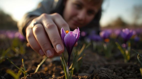 Close-up of a hand carefully picking a purple saffron flower in a sun-drenched field.