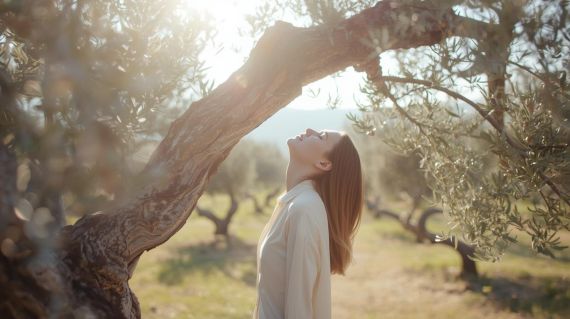 A traveler standing peacefully among silver olive trees with sunlight filtering through the leaves.