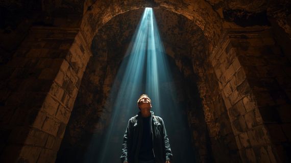 A traveler exploring the dramatic stone arches of the Rocca Paolina underground fortress in Perugia.