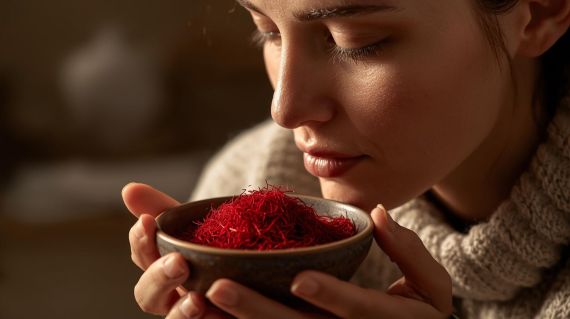 oman experiencing the aroma of rare Umbrian saffron during a sensory workshop in a traditional farmhouse.
