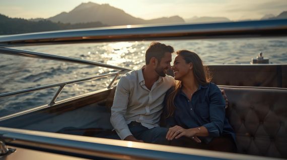 Couple sharing an intimate moment on a private luxury boat navigating Lake Trasimeno.