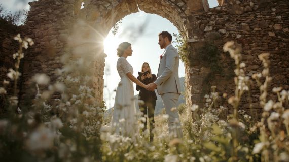 Couple exchanging symbolic vows during a private wedding-style ceremony at the historic Polvese Island ruins.
