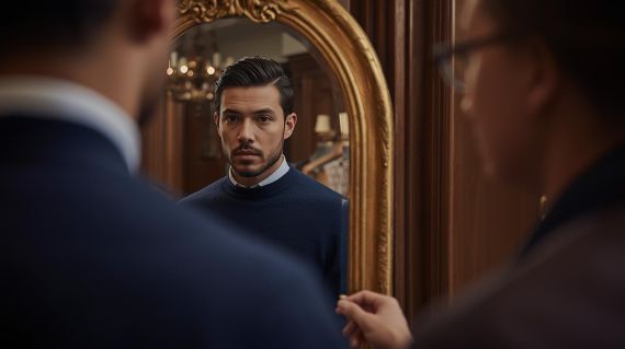 Man experiencing a private fitting session with a personal shopper in an Umbrian luxury boutique.