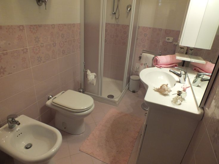 Un bagno contemporaneo con tonalità rosa, dotato di doccia e accessori leggeri.