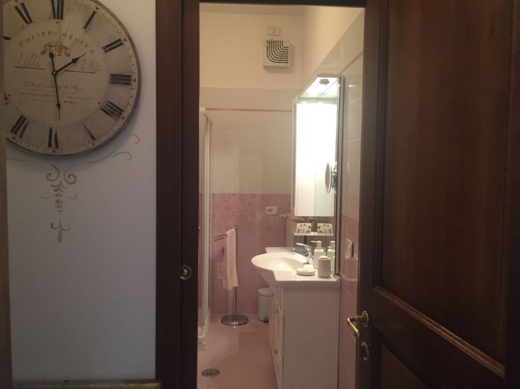 Panorama di un bagno elegante con decorazioni in tonalità rosa e un orologio vintage.