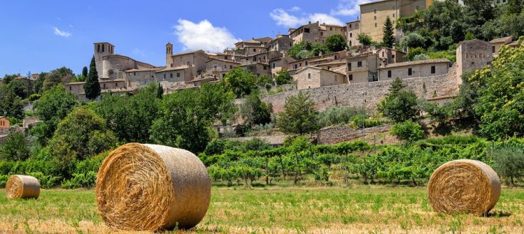 Scena di un villaggio in collina con balle di fieno in un campo, circondato da una vegetazione verde tipica dell'Umbria.