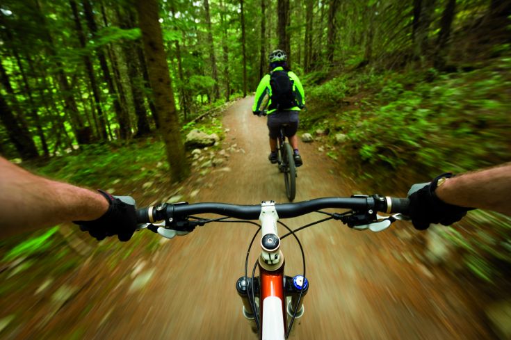 Due ciclisti su un sentiero in terra battuta, circondati da alberi e vegetazione.