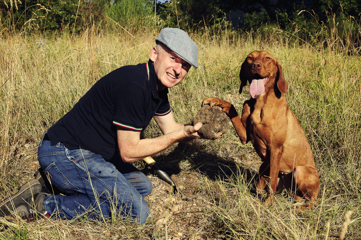 Un uomo e un cane si trovano in un campo, sorridenti e insieme, mentre mostrano una tuberosità trovata nel terreno.