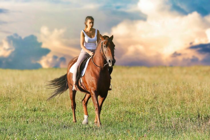 Una giovane cavaliera su un cavallo in un vasto campo di erba verde, sotto un cielo parzialmente nuvoloso al tramonto.