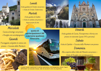 Un programma settimanale di tour ed eventi in Umbria con itinerari che includono esperienze culinarie e culturali.