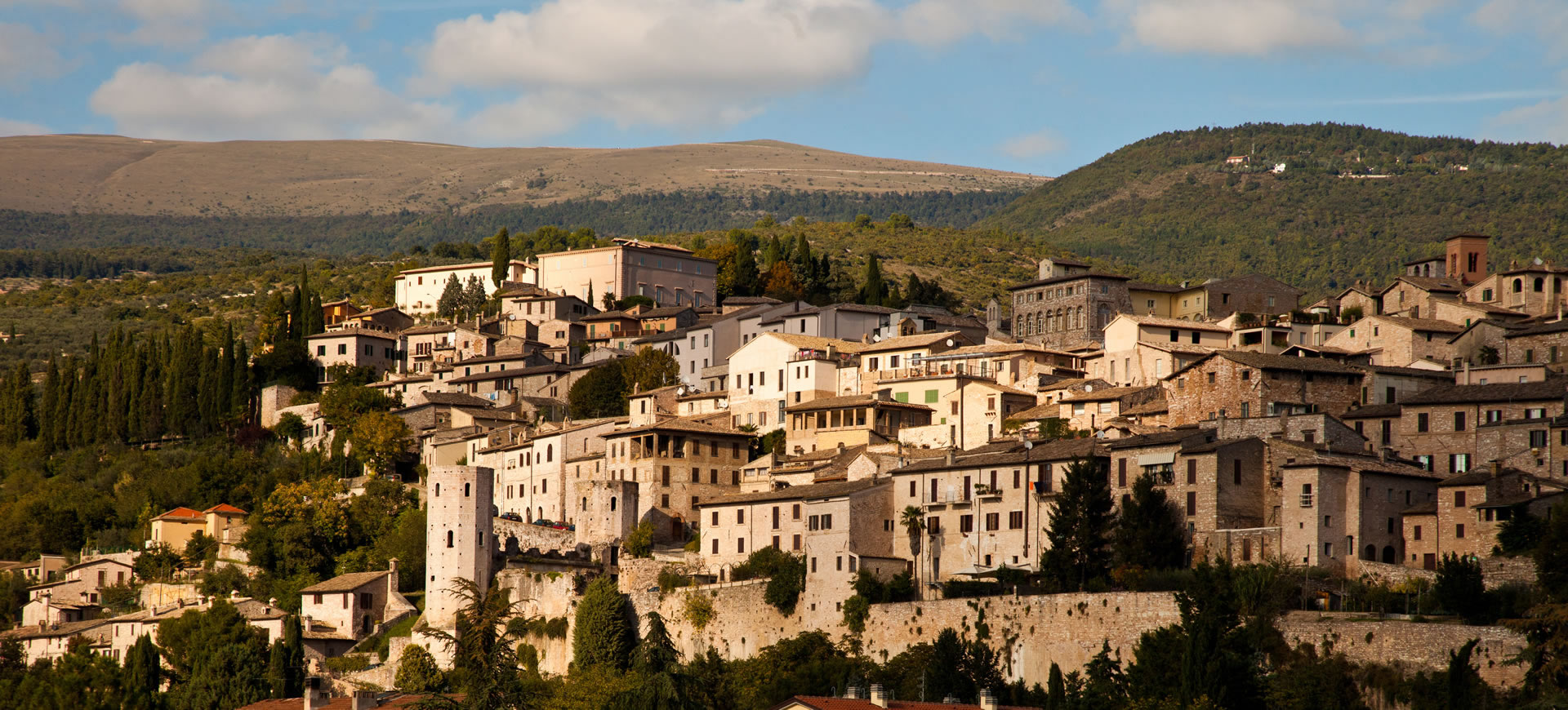 Un panorama di un borgo medievale circondato da colline verdi.