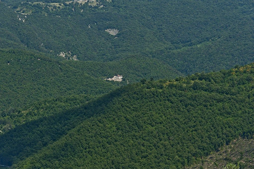 Un panorama di colline verdi e alberi, con un villaggio visibile in lontananza.