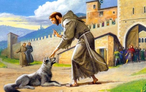 San Francesco interagisce con un lupo in un paesaggio tranquillo, circondato da alberi e natura.