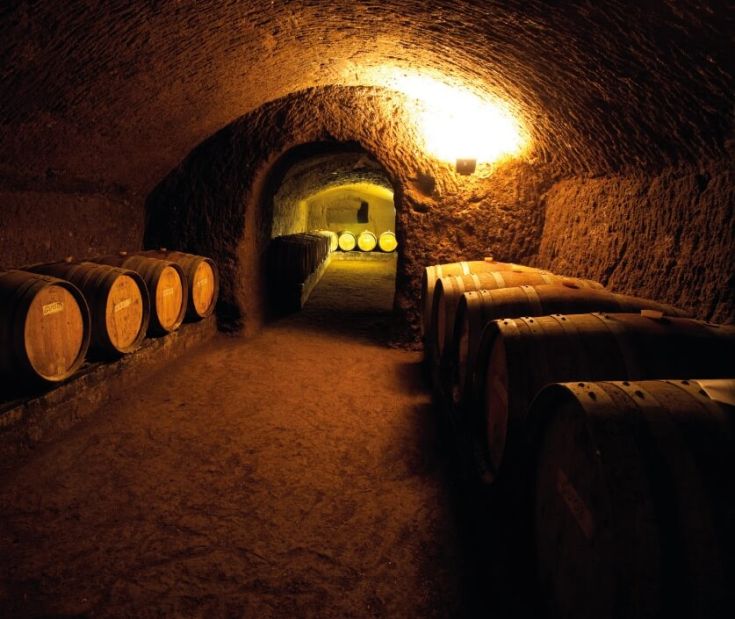 Una cantina ricavata nella pietra, con botti disposte in modo ordinato, adatte per la maturazione del vino.