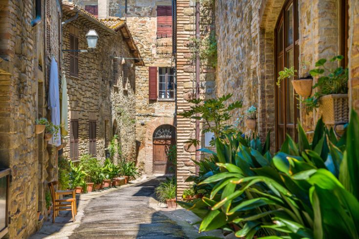 Una tranquilla stradina in un borgo, circondata da piante e da edifici storici.