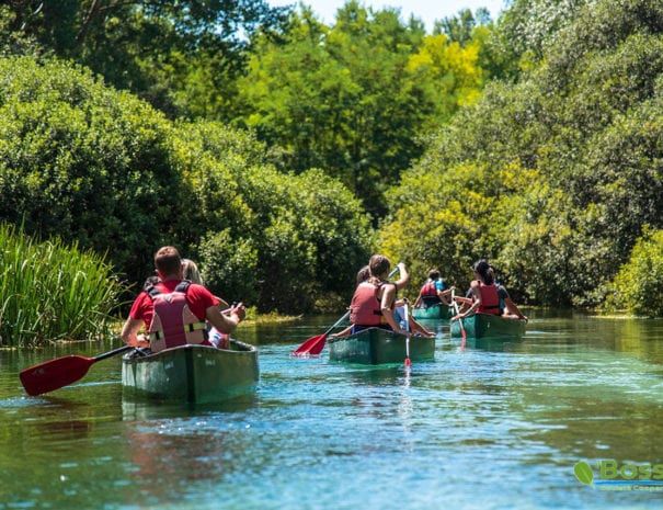 Un gruppo di amici in canoa, circondati da una vegetazione abbondante e rigogliosa.