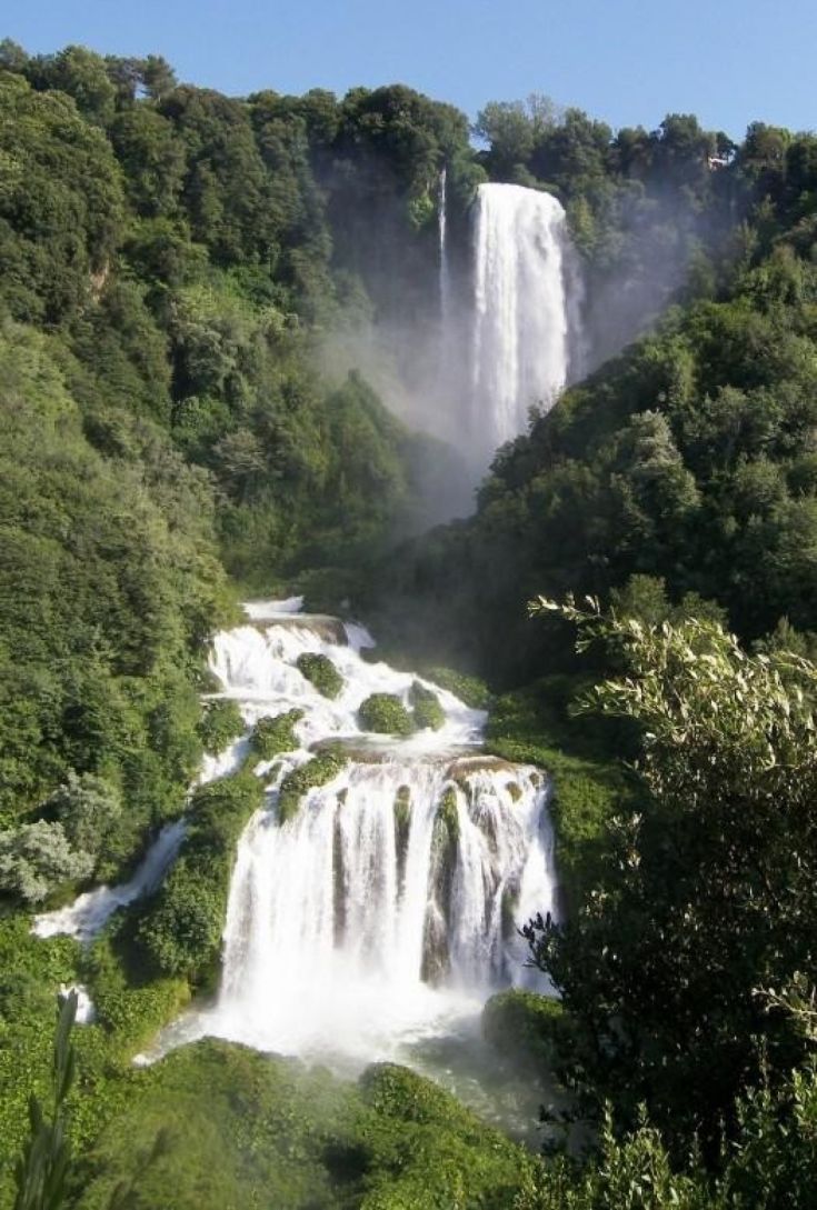 Una scena di cascate che si gettano tra una fitta vegetazione verde.