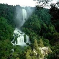 Cascate immerse nella natura, circondate da verde rigoglioso e un'atmosfera tranquilla.