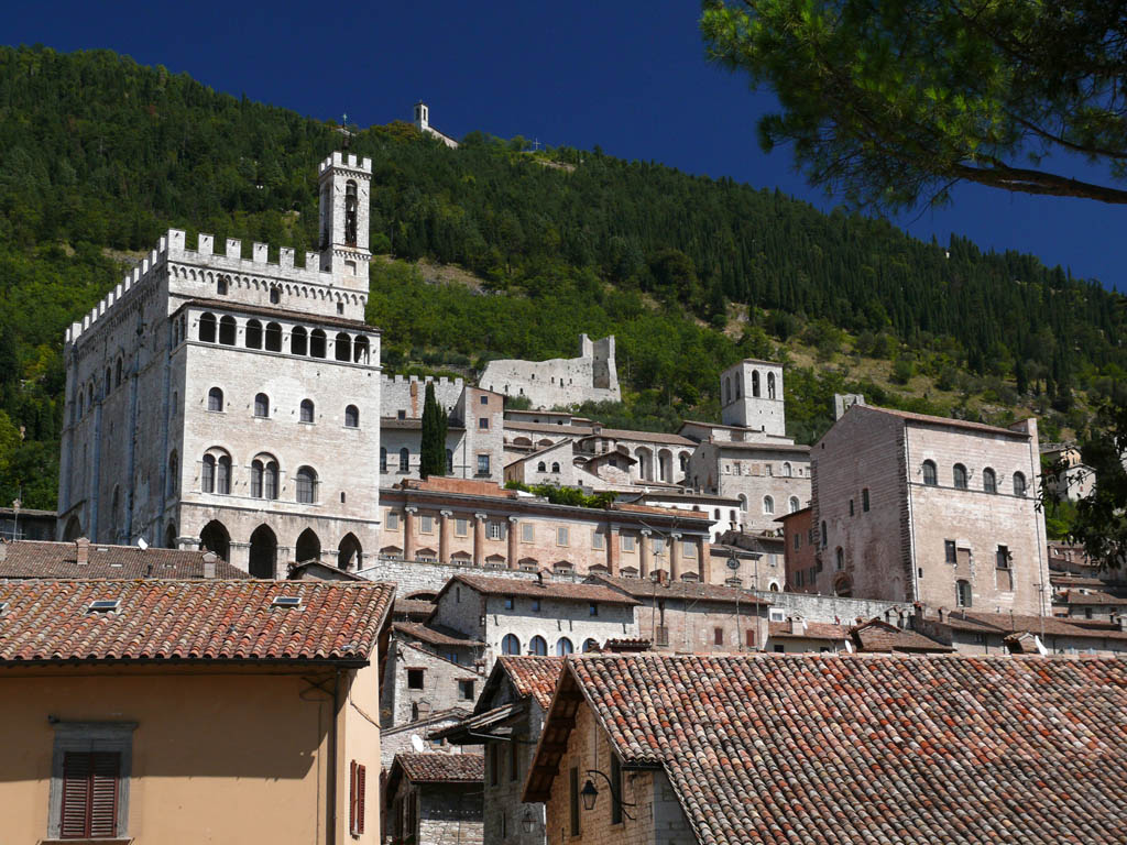 Una scena che ritrae il palazzo dei Consoli di Gubbio su una collina verde, circondato da vegetazione.