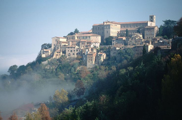 Un borgo medievale situato su una collina, circondato da verde. I tetti in mattoni e il palazzo creano un'atmosfera caratteristica.