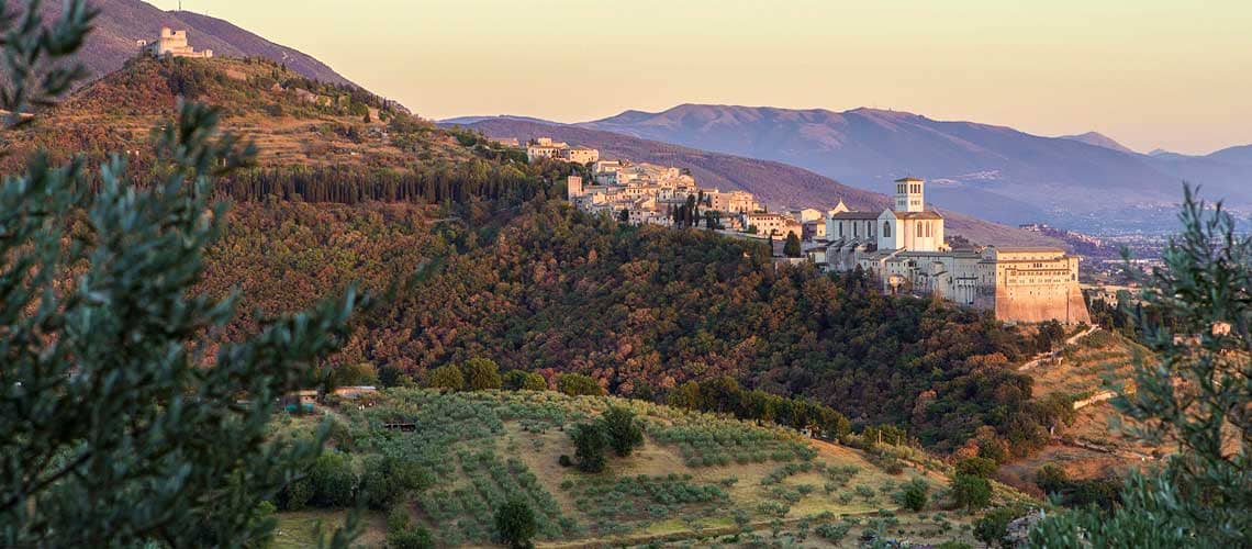 Un panorama della città di Assisi, situata tra le colline umbre e i suoi oliveti. Una scena al tramonto che mostra la bellezza storica e naturale della regione.