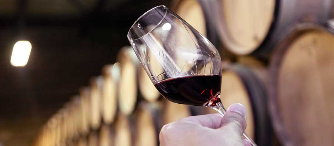 Un calice di vino rosso tenuto in una cantina con botti di legno in secondo piano.