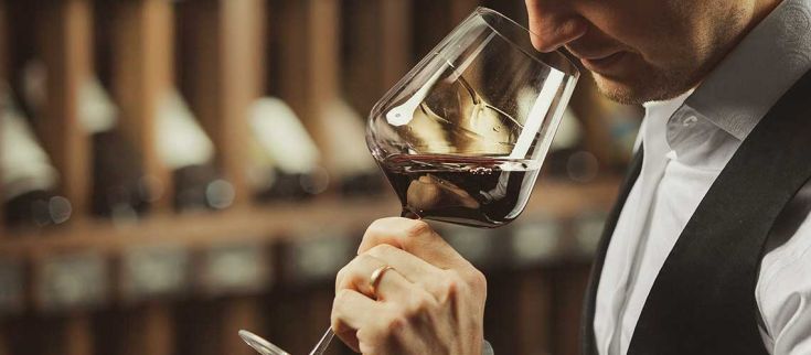 Un sommelier osserva un bicchiere di vino rosso, annusandone l'aroma in un ambiente elegante.