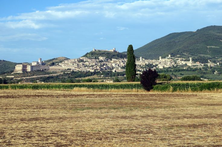 Un panorama che mostra Assisi, con i suoi edifici storici e le colline circostanti.