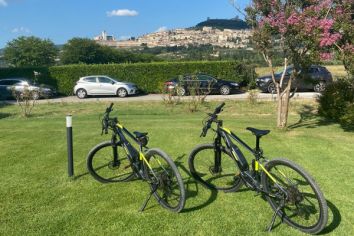 Due biciclette nel verde, con il paesaggio di Assisi in lontananza; un invito a scoprire la città.