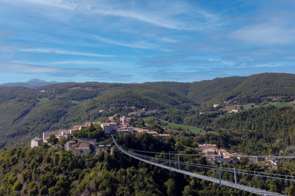 Panorama di un villaggio immerso nel verde, con un ponte sospeso che passa sopra un valico.