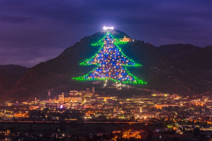 Albero di Natale illuminato su una collina, che arricchisce il paesaggio notturno con le sue luci.