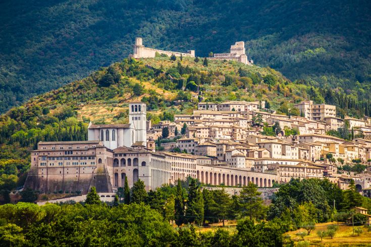 Un panorama di Assisi, con i suoi edifici storici e il verde che la circonda.