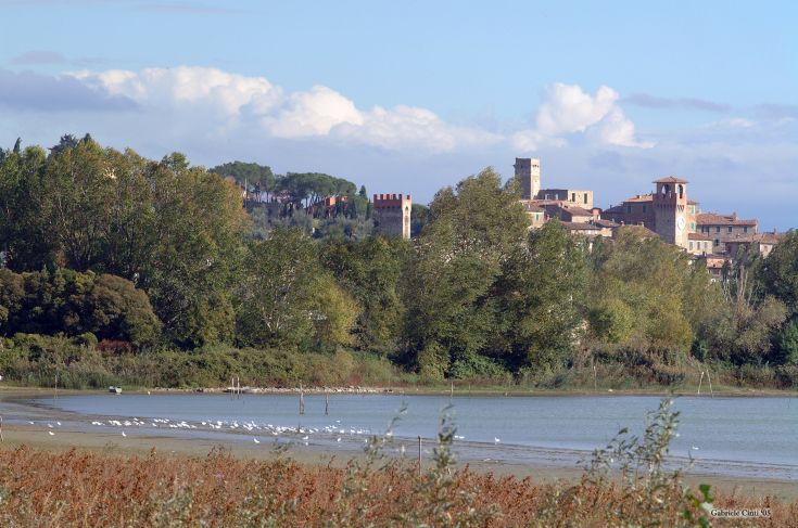 Panorama di un paesaggio lacustre con edifici storici visibili sullo sfondo.