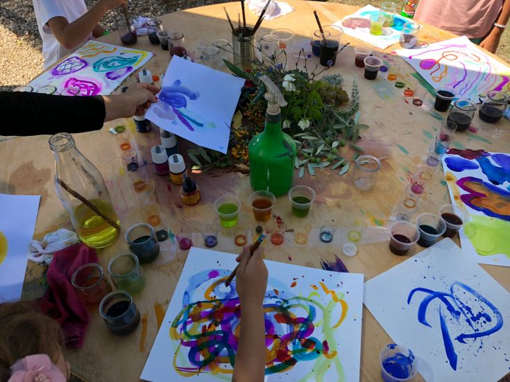 bambini seduti ad un tavolo rotondo con disegni disposti in cerchio