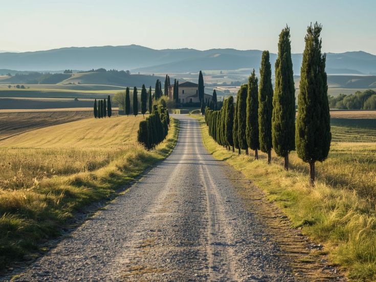 Gravel road with cypress trees in the Trasimeno hills.